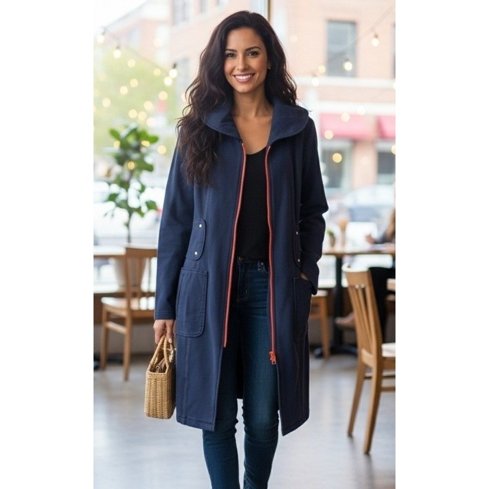 DUE +2 Dress Jacket Women's Size 6 Shawl Collar Full Zip Navy Wool Pockets NWT